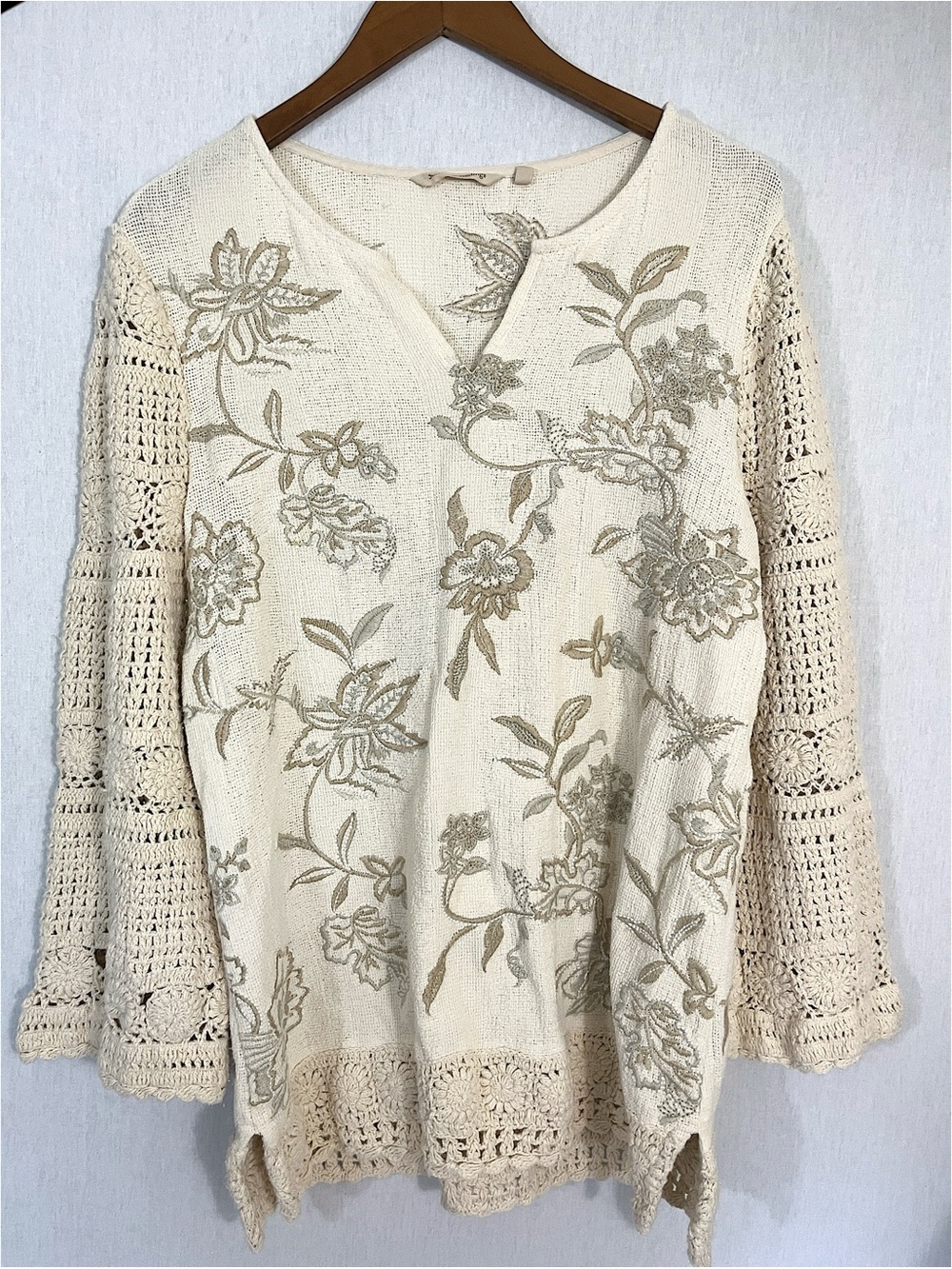 Soft Surrounding Zina Cream Embroidered Crochet Bell Sleeve  Sweater 100% cotton